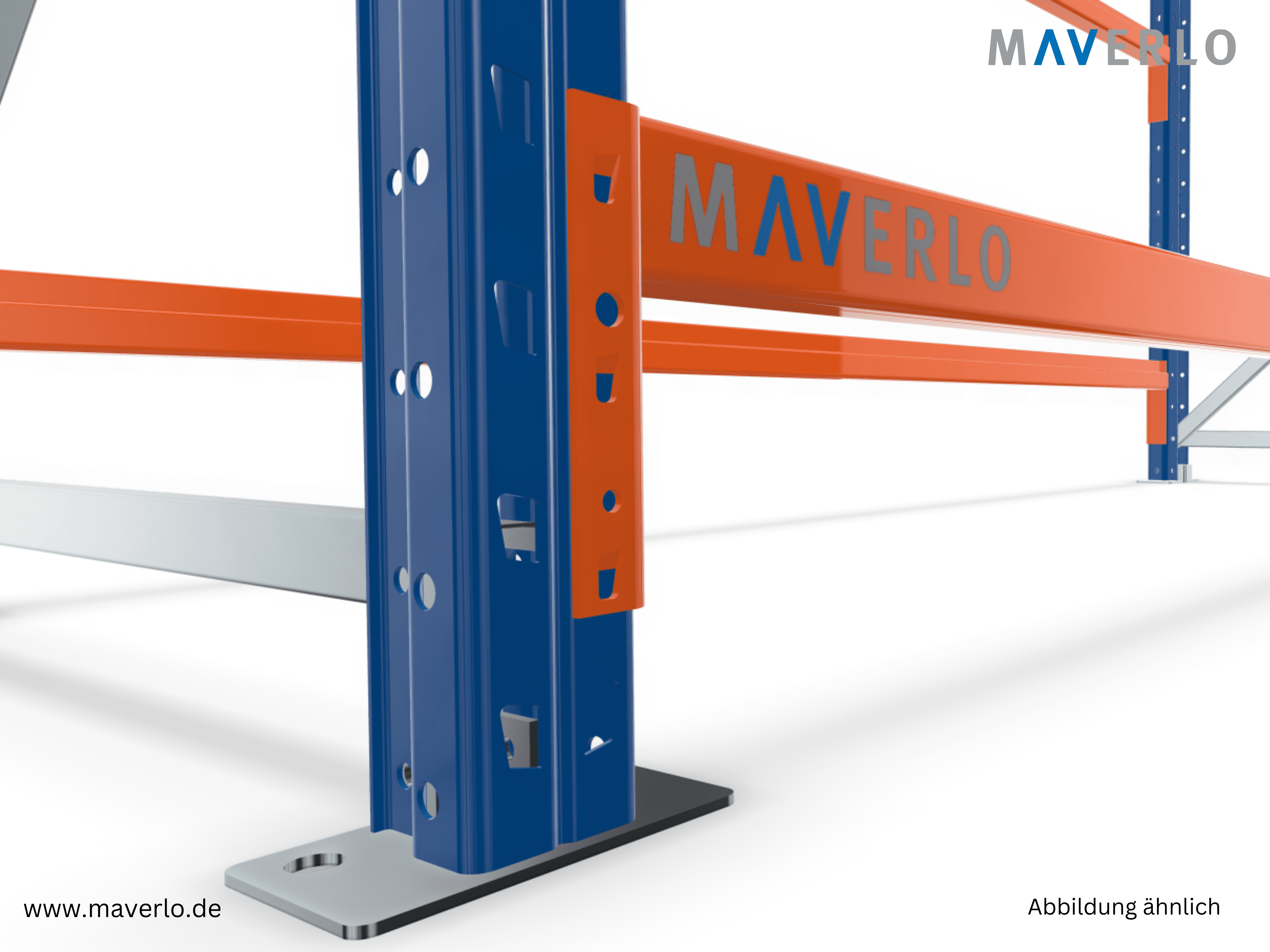 Detailansicht eines MAVERLO Weitspannregals mit stabiler Metallkonstruktion und flexiblen Regalboeden, ideal für Werkstätten, Lagerhäuser und Einzelhandelsgeschäfte, robuste Verstärkungen und hochwertige Verarbeitung für schwere und sperrige Güter
