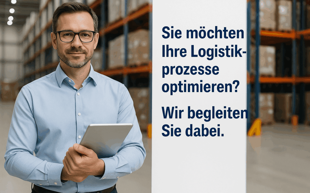Lagerleiter mit Tablet vor Regalsystem – Text: Sie möchten Ihre Logistikprozesse optimieren? Wir begleiten Sie dabei.