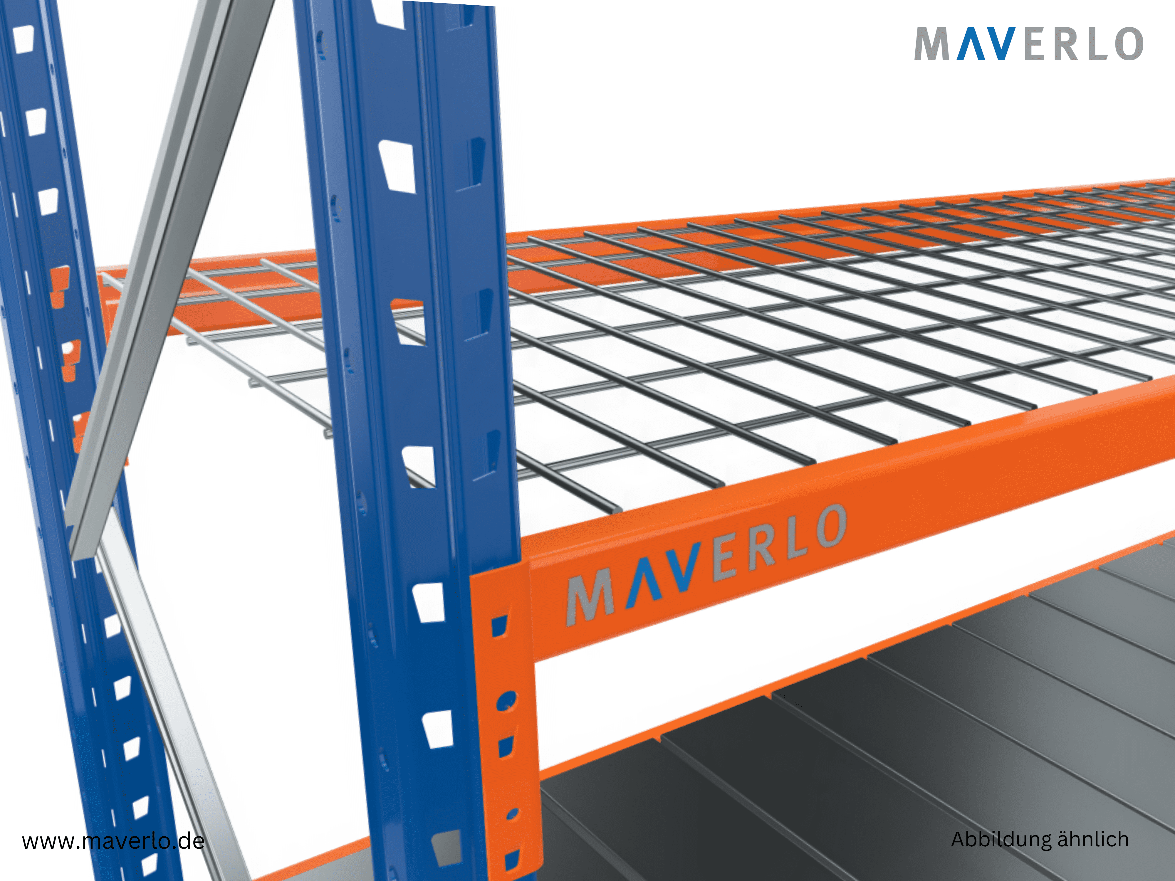 Detailansicht eines MAVERLO Weitspannregals mit verzinktem Gitterboden und stabiler Metallkonstruktion, ideal für schwere und sperrige Güter in Werkstätten, Lagerhäusern und Einzelhandelsgeschäften, robuste und langlebige Materialien für hohe Belastbarkeit