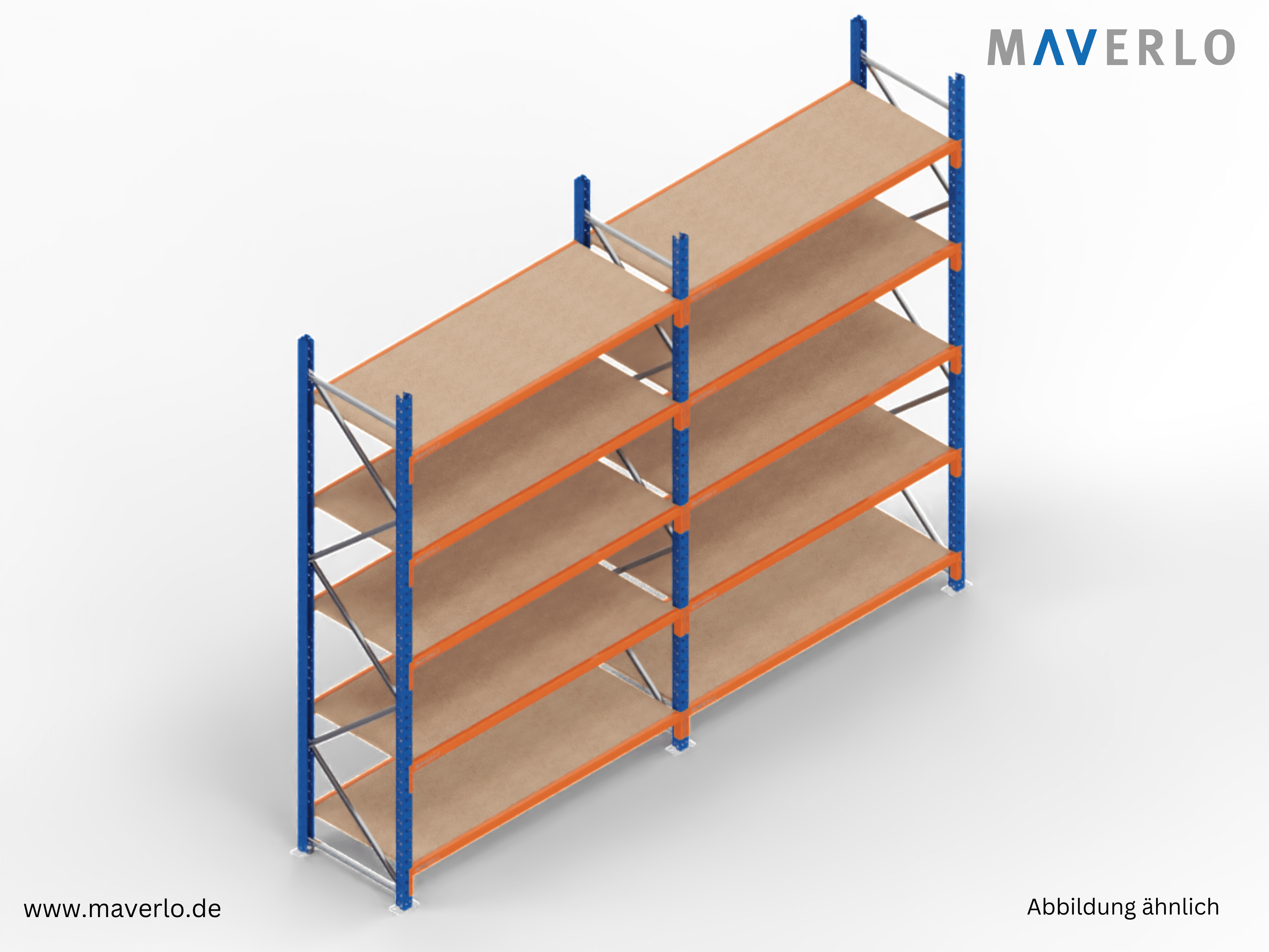 Weitspannregal von MAVERLO mit Holzboden und stabiler Metallkonstruktion, ideal für schwere und sperrige Güter in Werkstätten, Lagerhäusern und Einzelhandelsgeschäften, hohe Belastbarkeit und langlebige Materialien.