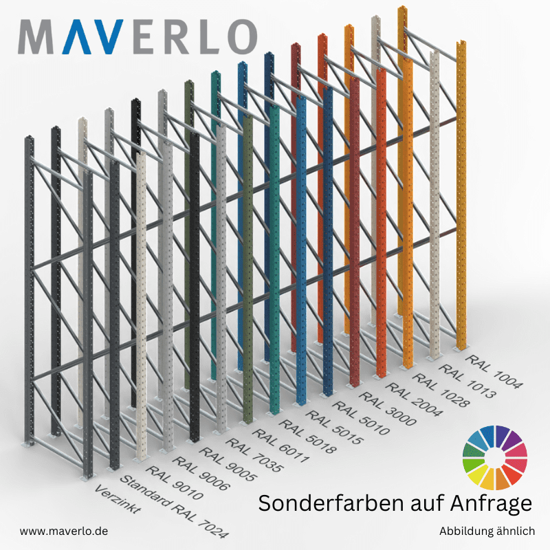 Weitspannregale in verschiedenen Sonderfarben für individuelle Lagerlösungen, geeignet für unterschiedliche Bodenarten wie Stahlblech, Gitterboden, Spanplatte Natur und weiße Spanplatte, mit einer Tragfähigkeit von bis zu 1500 kg je Ebene