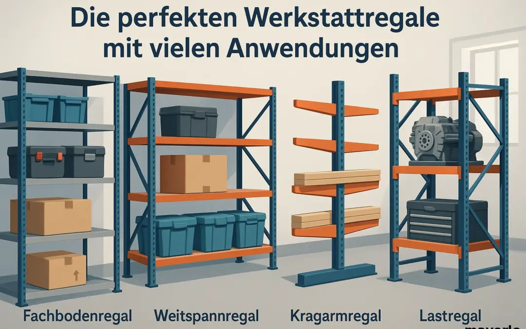 Illustration von Werkstattregalen mit Fachboden-, Weitspann-, Kragarm- und Lastregalen für professionelle Anwendungen
